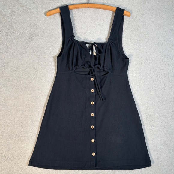 FP Beach Dresses & Skirts - FP Beach Black Ribbed Mini Dress Size L Button Front Cutout Tie Neck Free People